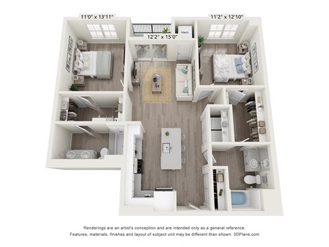 2 bed 2 bath 1,021 Sq. Ft. B1 floor plan at Enclave Crystal Lake, Crystal Lake, IL, Illinois